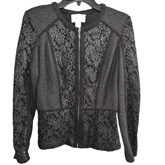 Cache Jackets & Blazers - Cache Black stretch metallic lace patchwork zip front dressy jacket womens 6